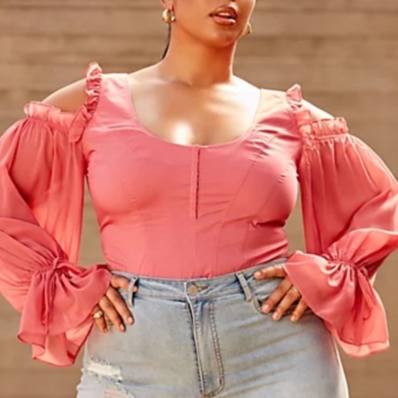 Fashion to Figure Tops - Fashion To Figure Pink Corset Chiffon Sleeve Cold Shoulder Balloon Sleeve Top